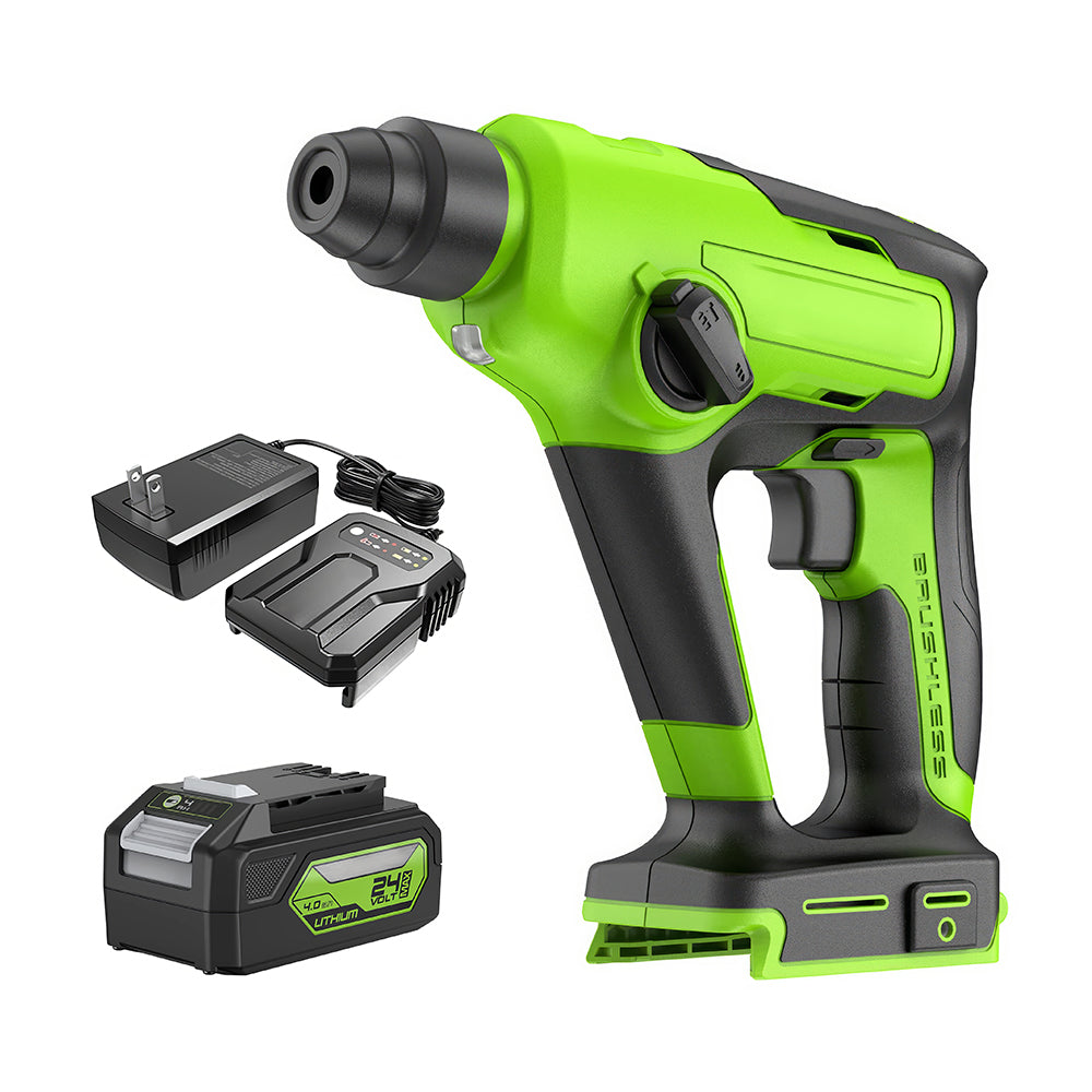 24V Brushless SDS Rotary Hammer Drill, 1" 1.2J, 4Ah Battery & Charger